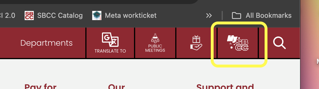 SBCC website screenshot showing where to access mySBCC campus portal