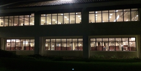 Luria Library at night